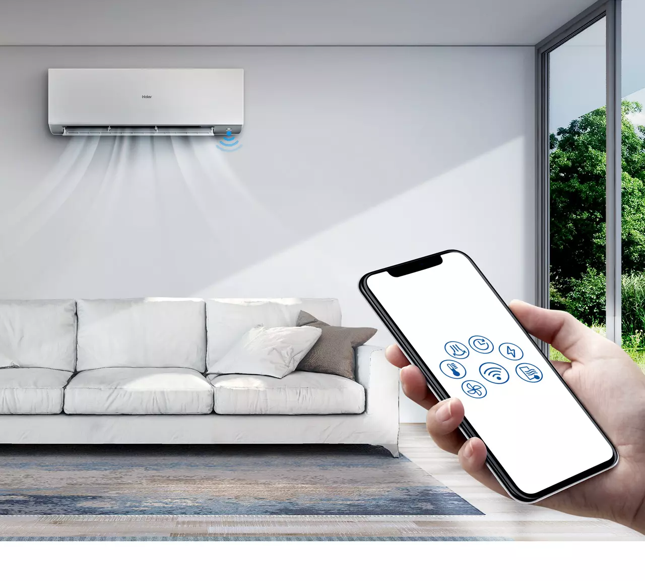 Klimatyzator Haier zamontowany w salonie sterowany za pomocą aplikacji mobilnej, umożliwiający inteligentne zarządzanie funkcjami urządzenia
