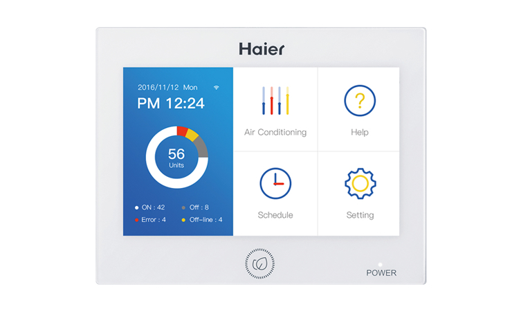 Interfejs kontrolera Haier z wyświetlaczem cyfrowym, przedstawiający ustawienia klimatyzacji, harmonogram, pomoc i konfigurację