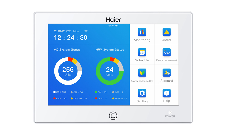 Panel sterowania Haier z funkcjami monitoringu, alarmów, harmonogramów, zarządzania energią oraz ustawieniami